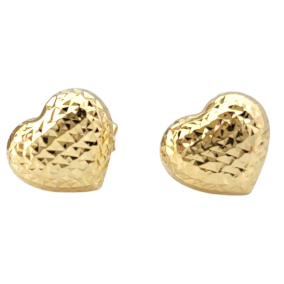 18K Yellow Diamond Cut Puffy Heart Earrings #21731